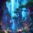 Enchanting forest scene with glowing flora and fantastical creatures