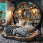 Modern Bedroom with Circular Bookshelf, Round Bed, and Nature Accents