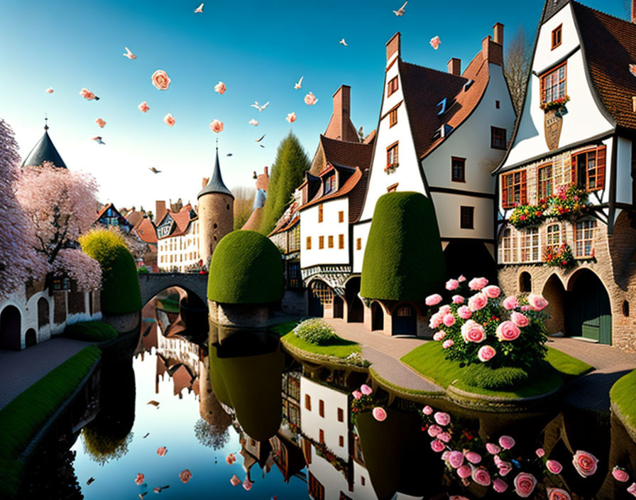 Picturesque European Village with Cherry Blossoms and Butterflies