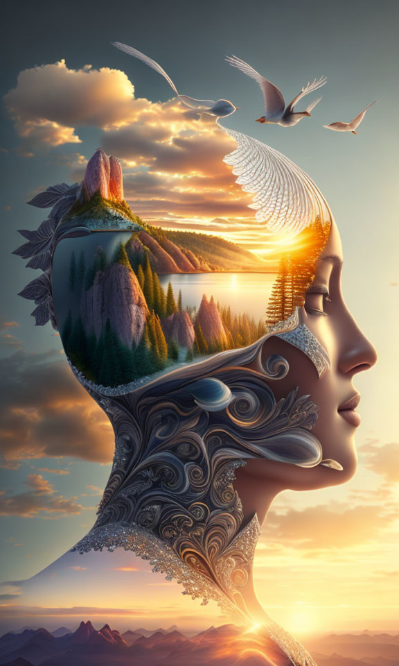 Surreal illustration: Woman's profile merges with vibrant landscape