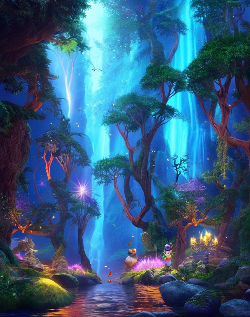 Enchanting forest scene with glowing flora and fantastical creatures