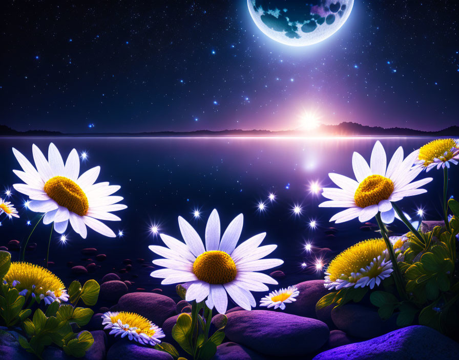 Tranquil night scene: Large daisies, bright moon, stars, and warm glowing light