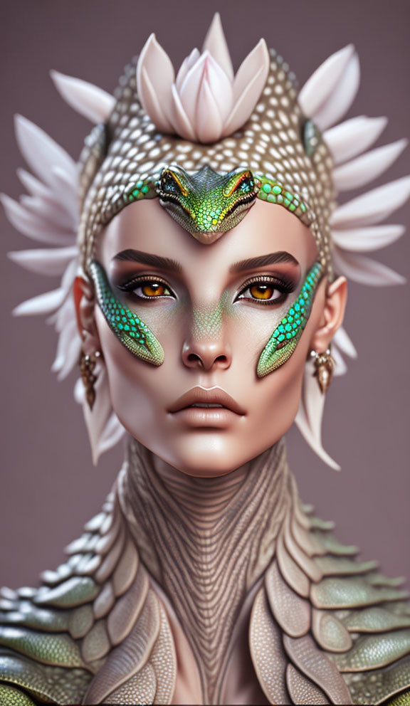 Digital artwork of woman with reptilian features and white petal crown