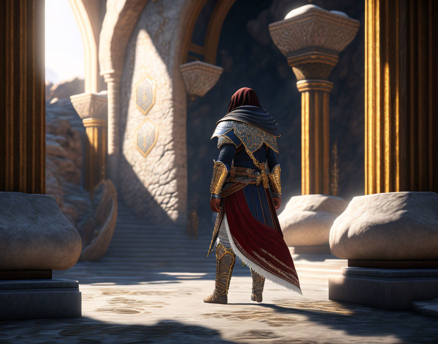 Cloaked figure in ornate armor in grand sunlit hall with archways and columns.