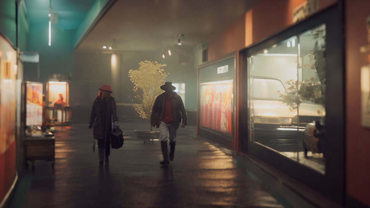 Two individuals in hats strolling by dimly lit shop windows on a foggy night