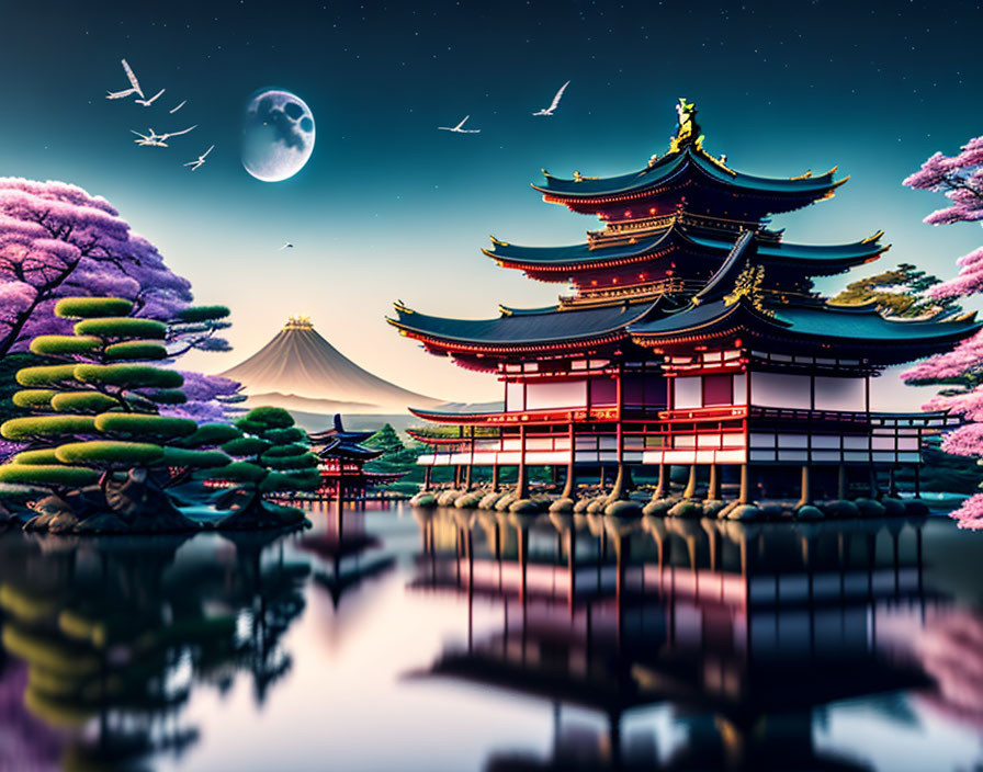 Traditional Japanese pagoda surrounded by cherry blossoms at moonlit lake