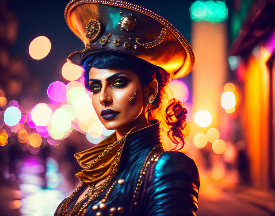 Stylish woman in steampunk attire with dramatic makeup and hat against colorful bokeh lights