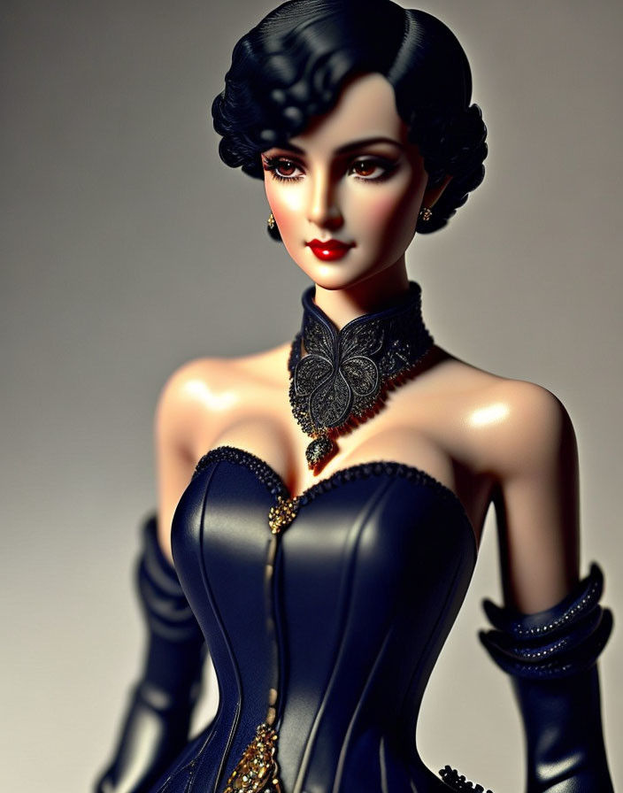 Vintage-style porcelain doll with black hair, blue corset dress, and butterfly choker.