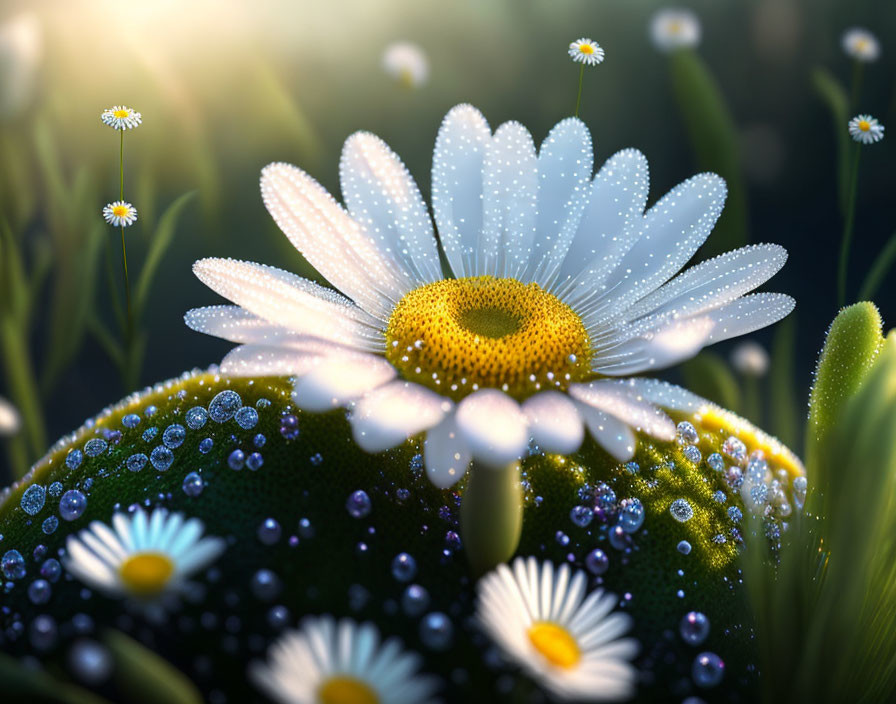 Dew-covered daisy in soft-focus daisy field with warm light