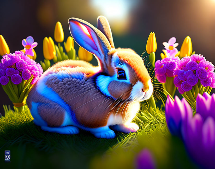 Brown and White Rabbit in Colorful Tulip Garden