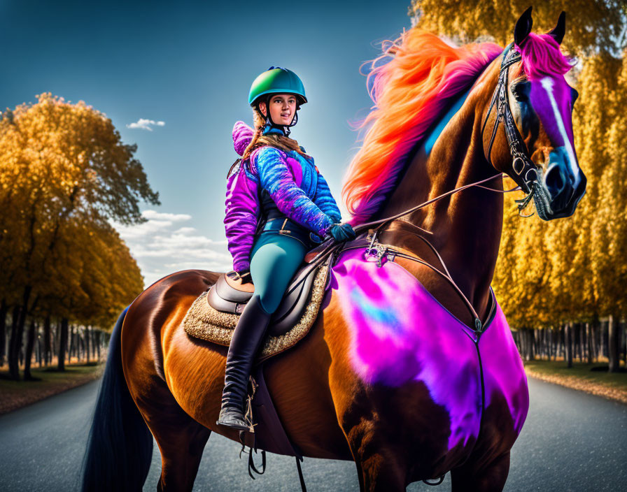 Colorful Horse Rider in Equestrian Gear on Tree-Lined Road