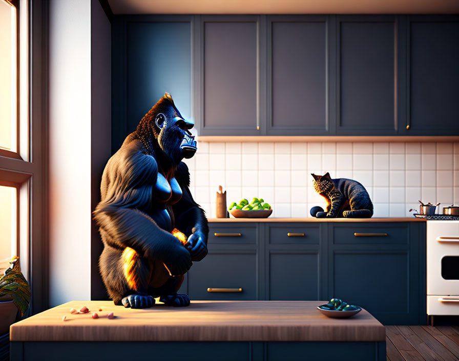 Animated gorilla and cat in surreal kitchen scene