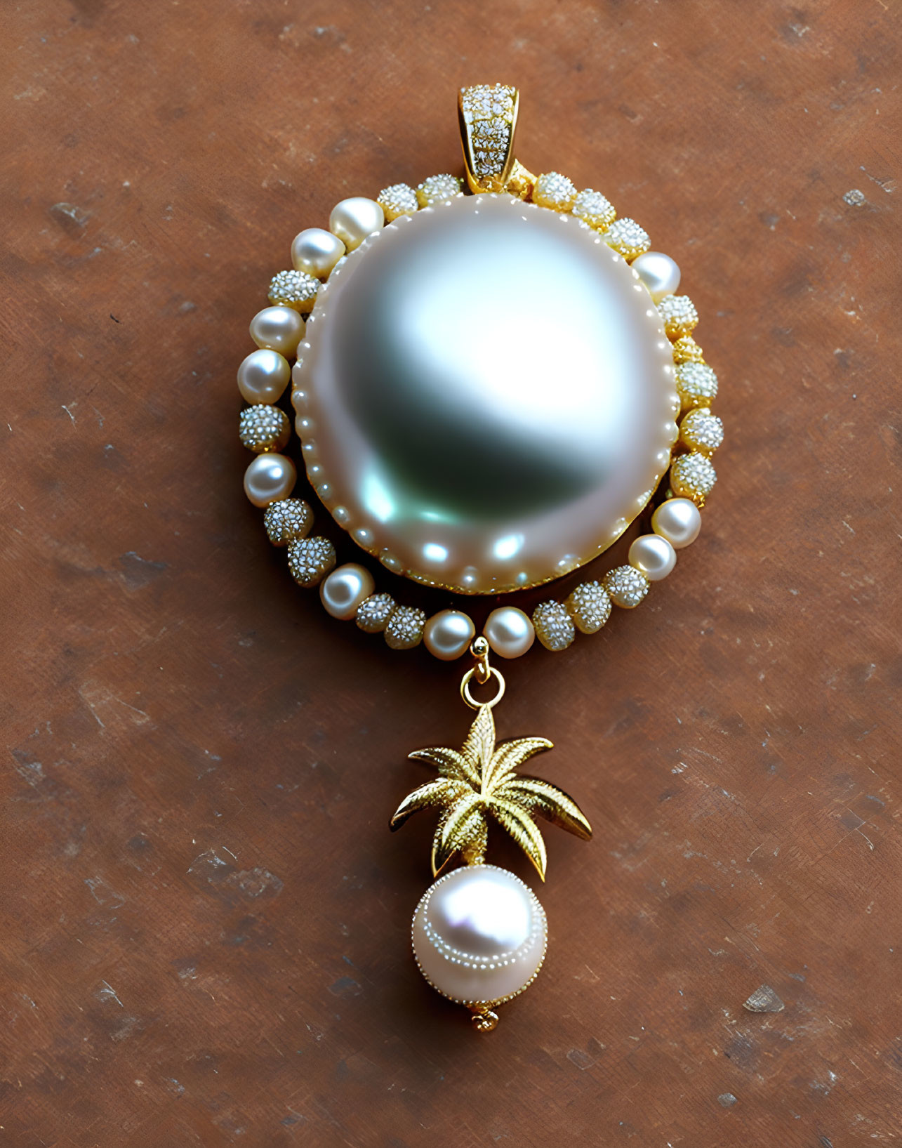 Pearl Pendant with Gold Accents and Diamond Palm Tree Charm