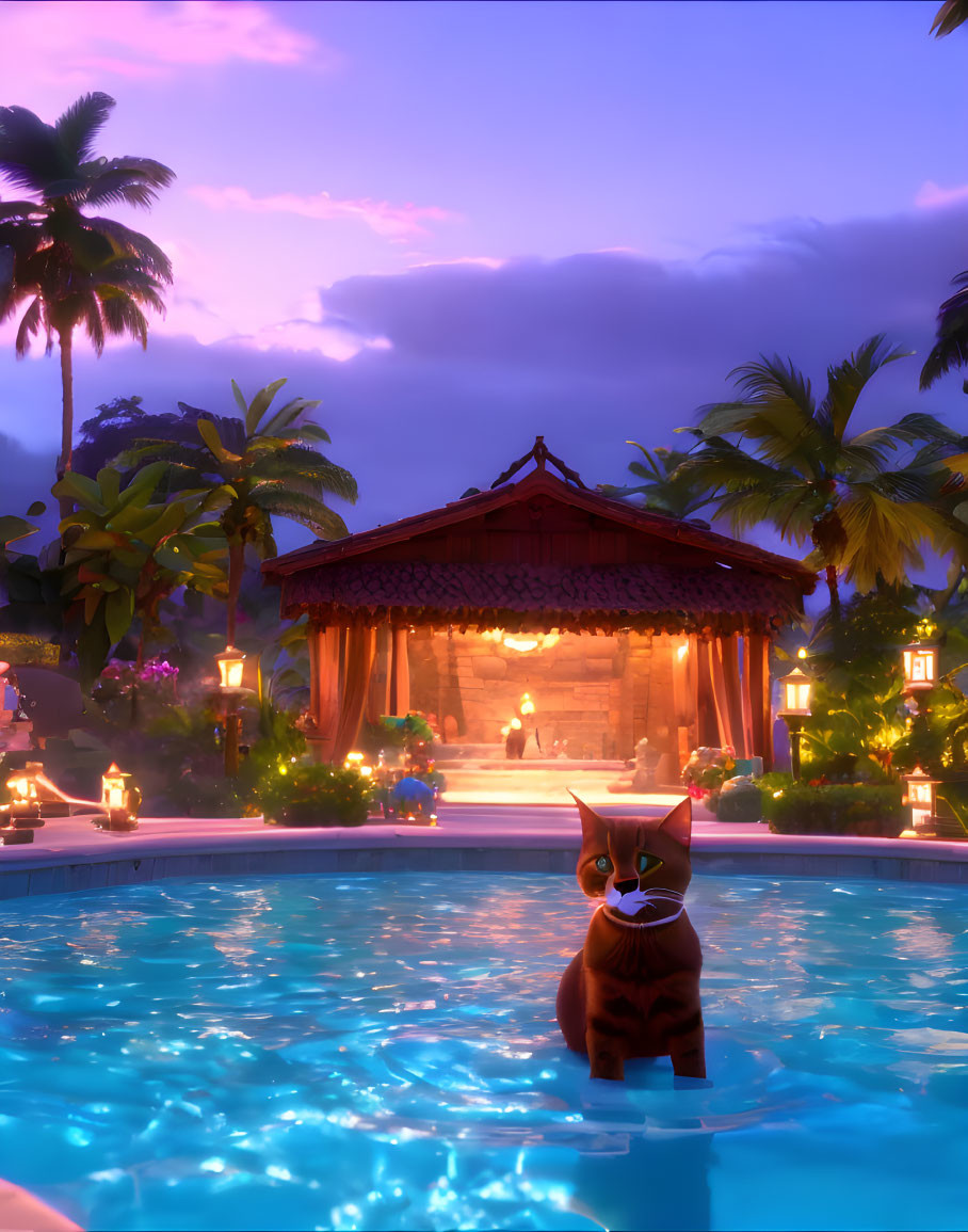 Floating animated cat in pool under twilight sky with tropical foliage, lanterns, and gazebo.