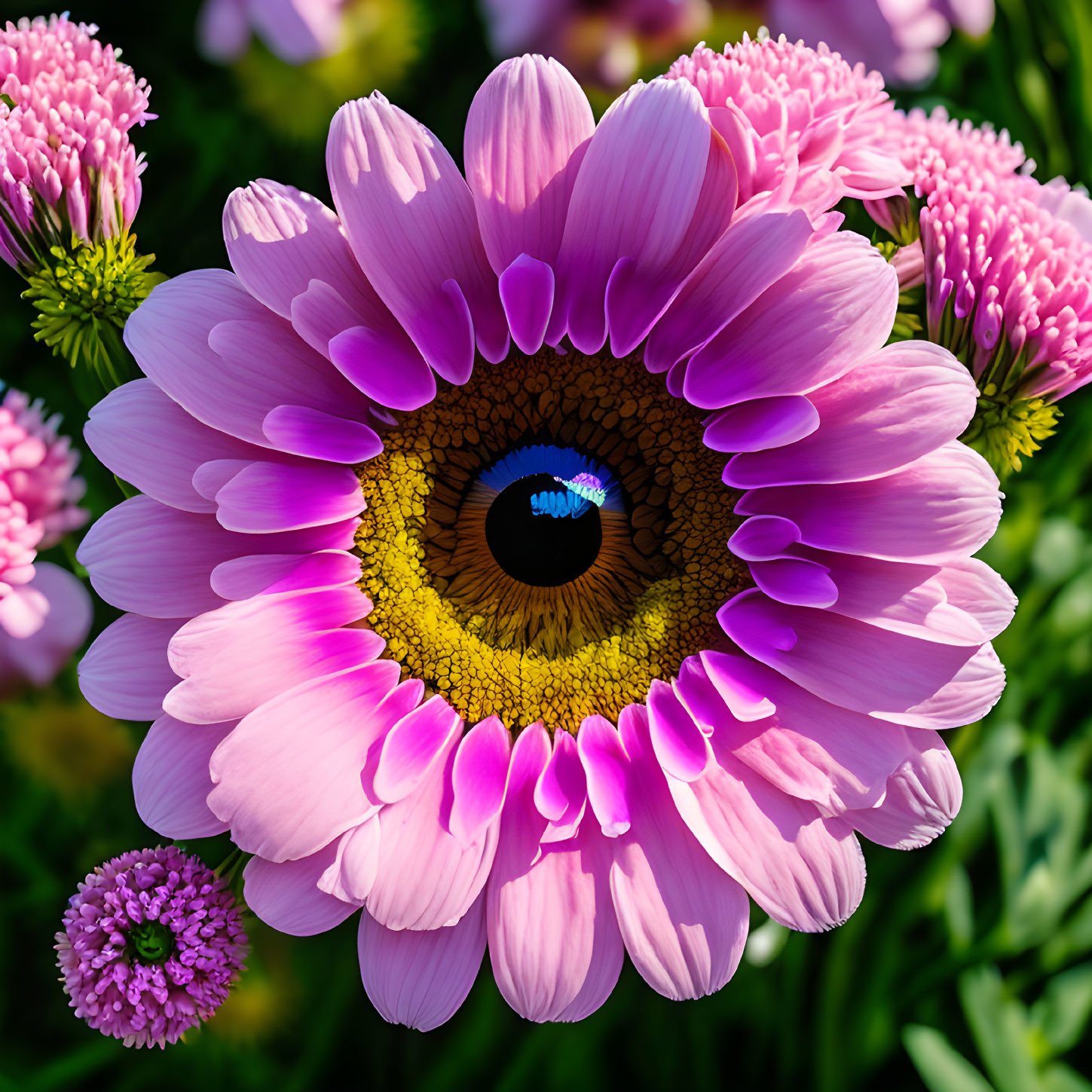 Digital artwork: Pink gerbera flower with human eye on soft purple floral background