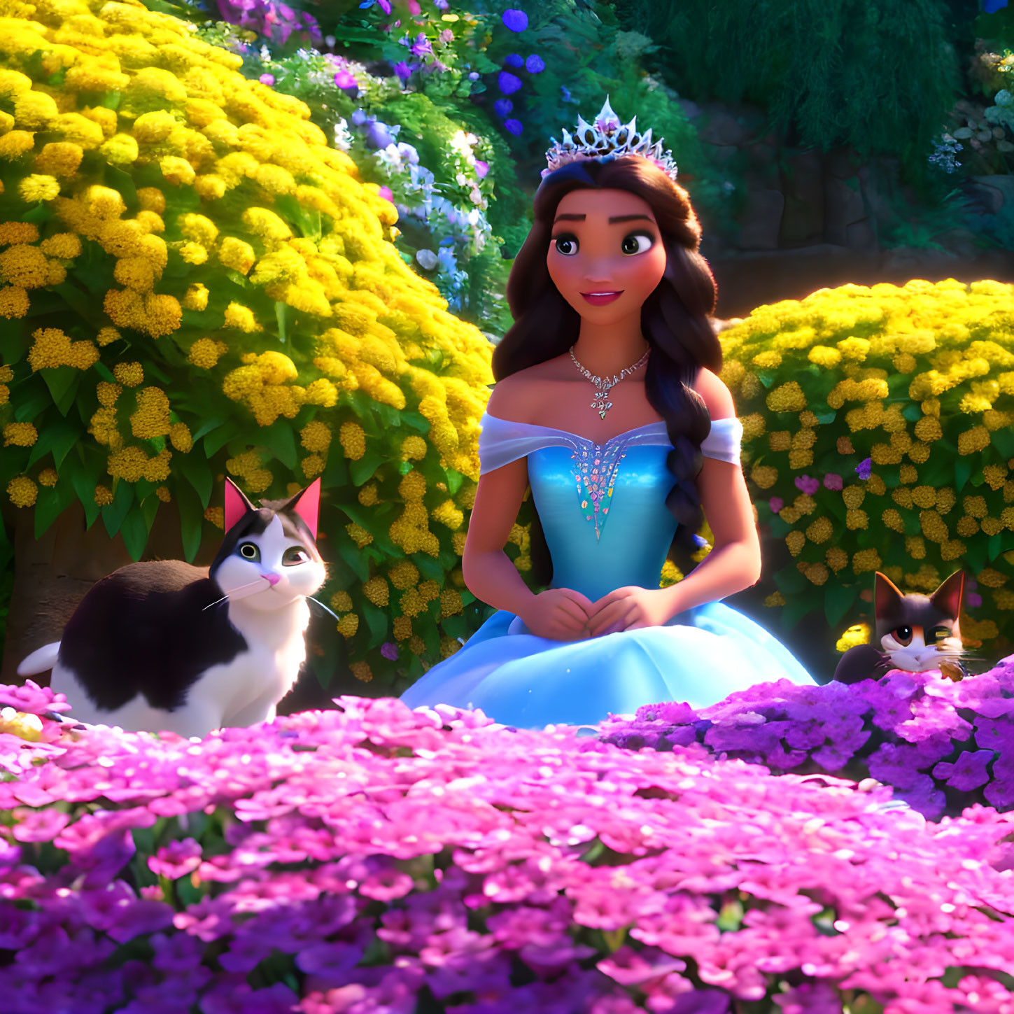 Animated Princess in Blue Gown with Cats Surrounded by Flowers