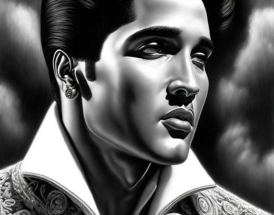 Monochromatic digital artwork of man with pompadour hairstyle and detailed retro jacket