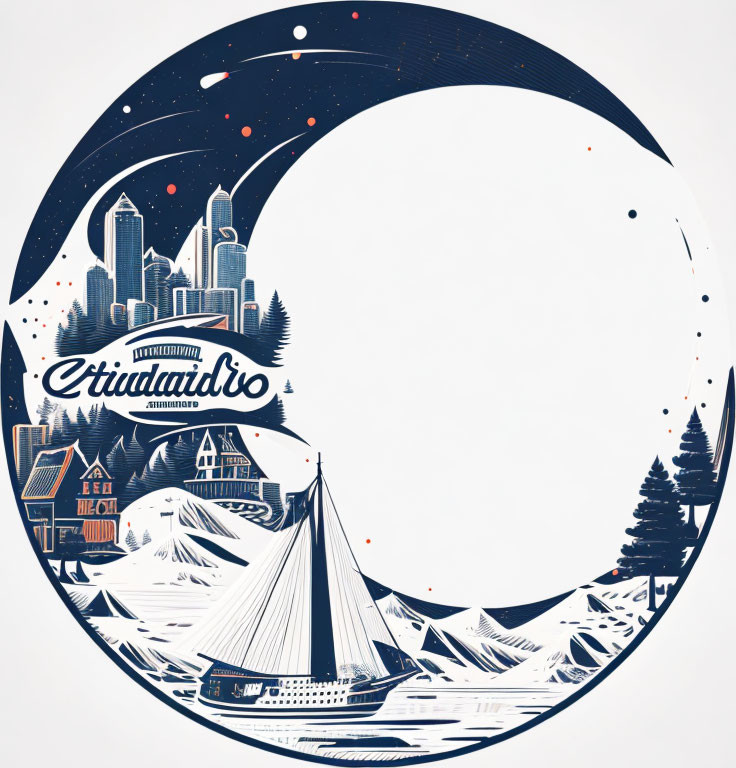 Circular cityscape graphic with mountains, pine trees, sailboat, and night sky - "Citt