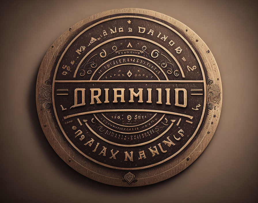 Circular vintage emblem with intricate inscriptions and "ORIAMIIDO" in bold