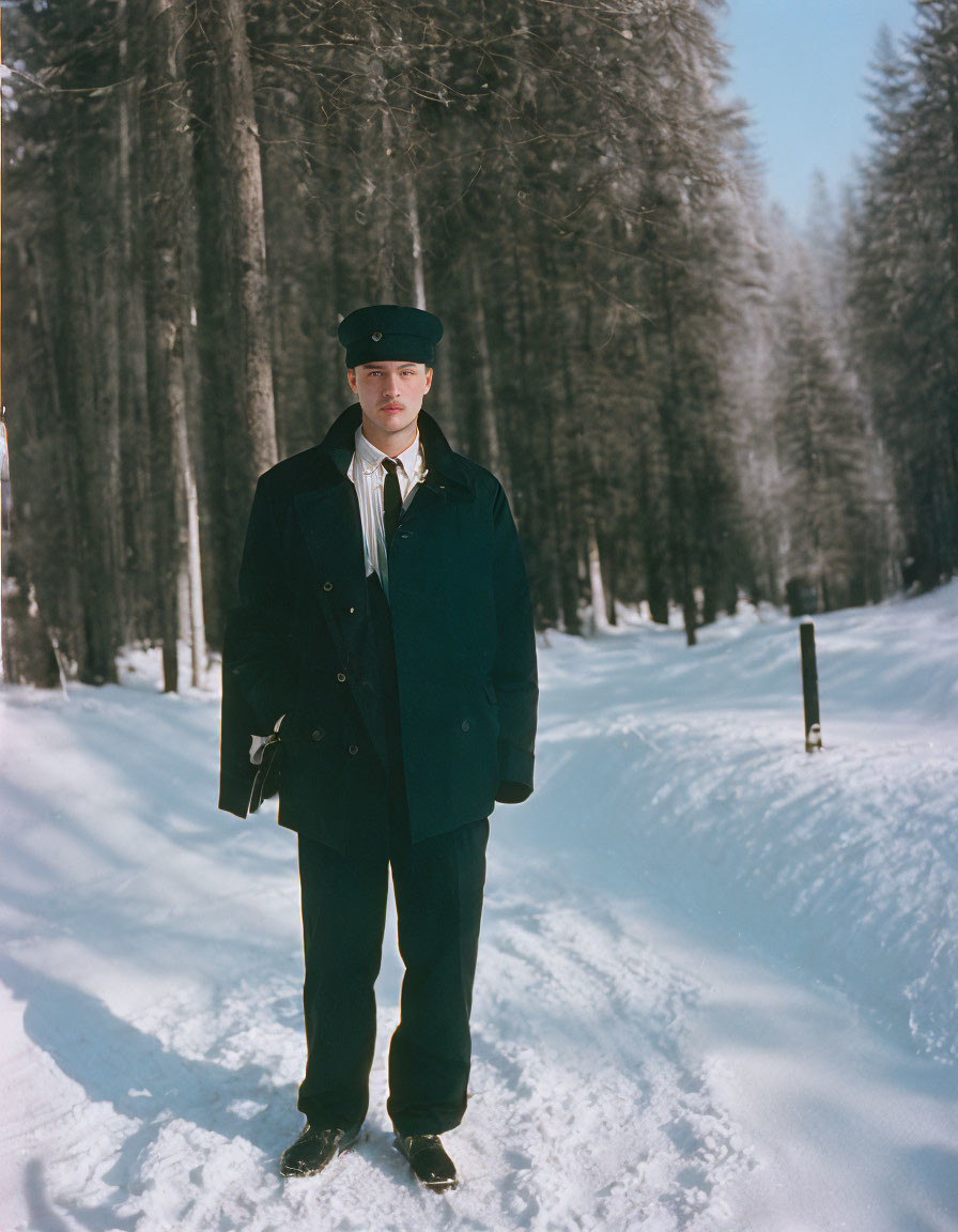 Man in Dark Coat and Hat Standing on Snowy Path with Trees - Winter Scene