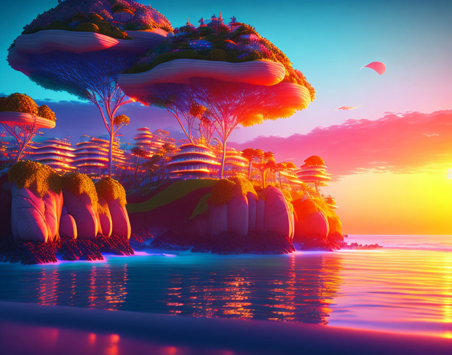 Vibrant surreal landscape: tiered vegetation, rock formations, and balloon at sunset