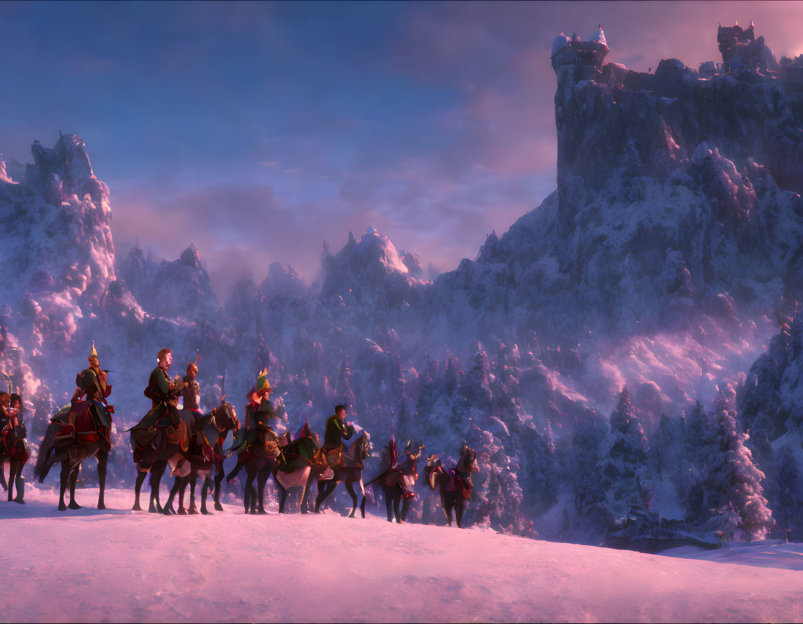 Animated characters on horseback in snowy landscape with castle and mountains at twilight