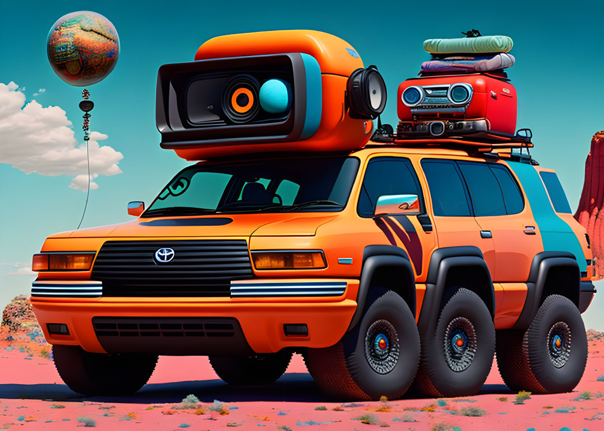 Six-Wheeled Orange Vehicle with Cartoonish Radio-Head Passenger in Surreal Desert Scene