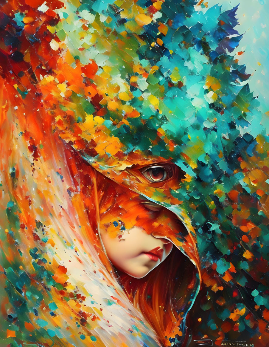 Colorful digital painting of female figure with visible eye, surrounded by abstract foliage textures in orange, blue