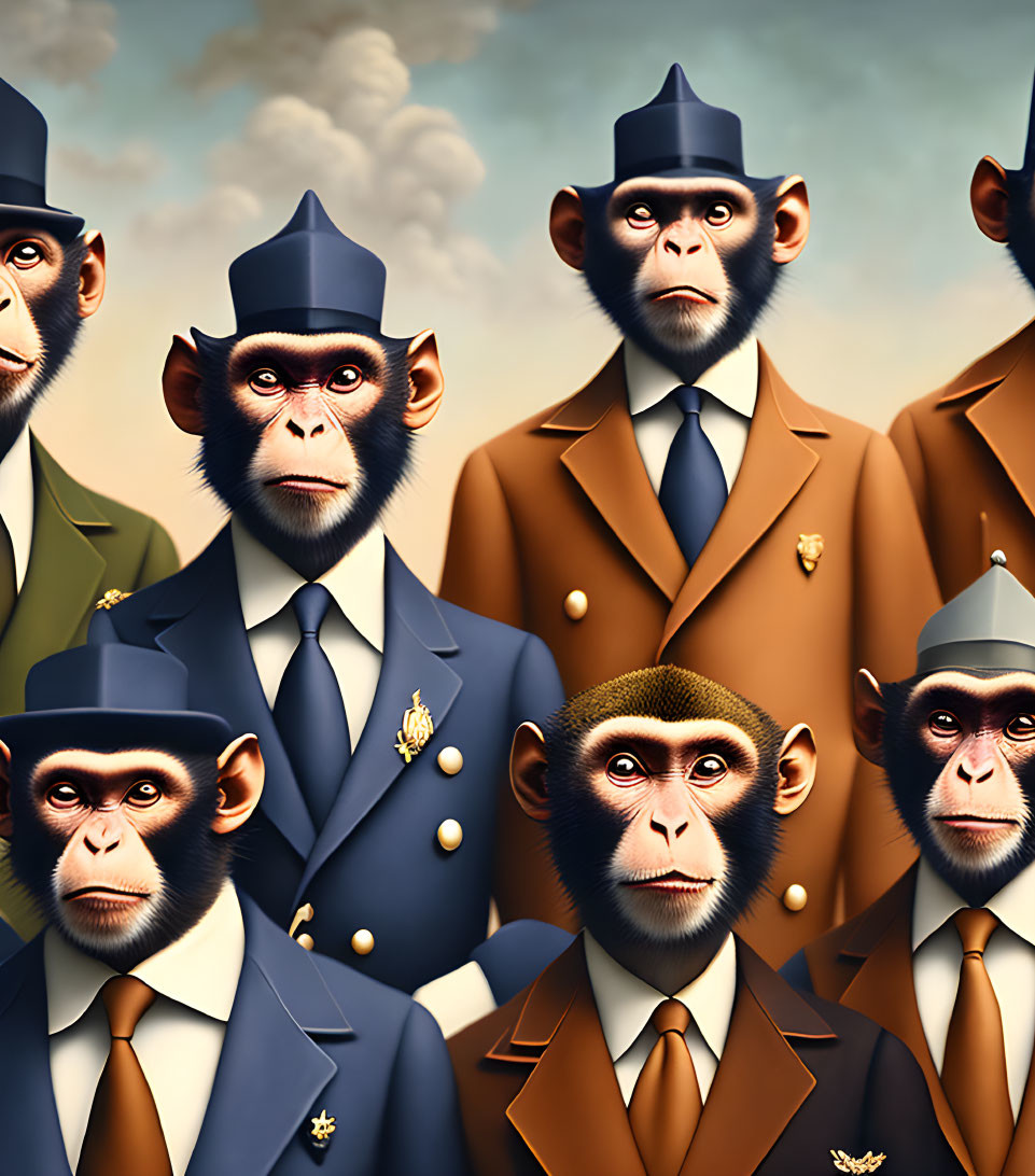 Chimpanzees in Vintage Police and Military Uniforms on Cloudy Sky Background