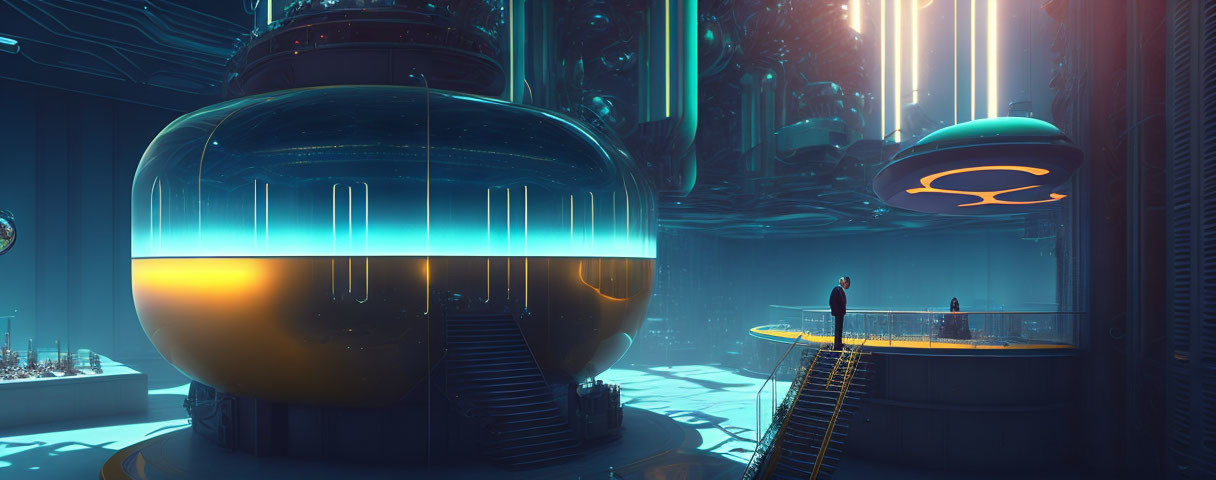 Futuristic facility with glowing blue lights and figures observing surroundings