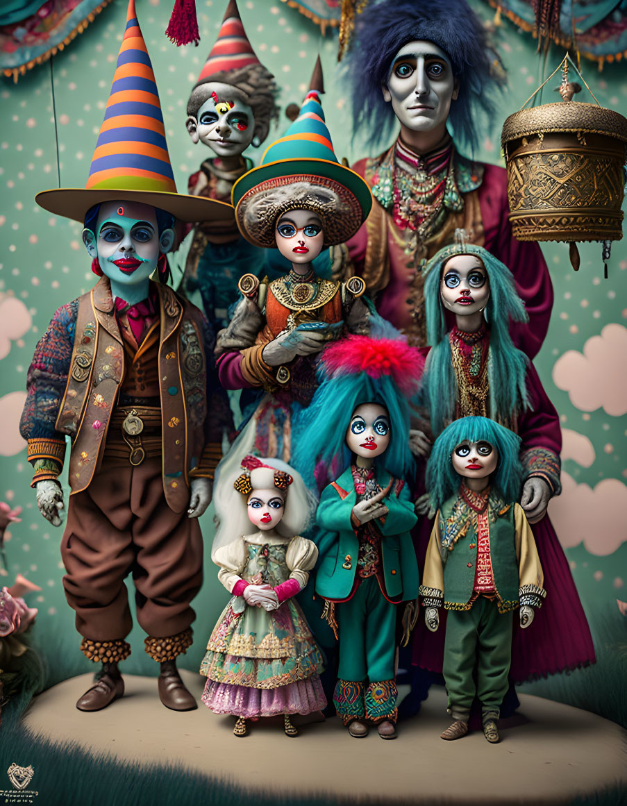 Seven Colorful Characters in Intricate Costumes Against Teal Backdrop