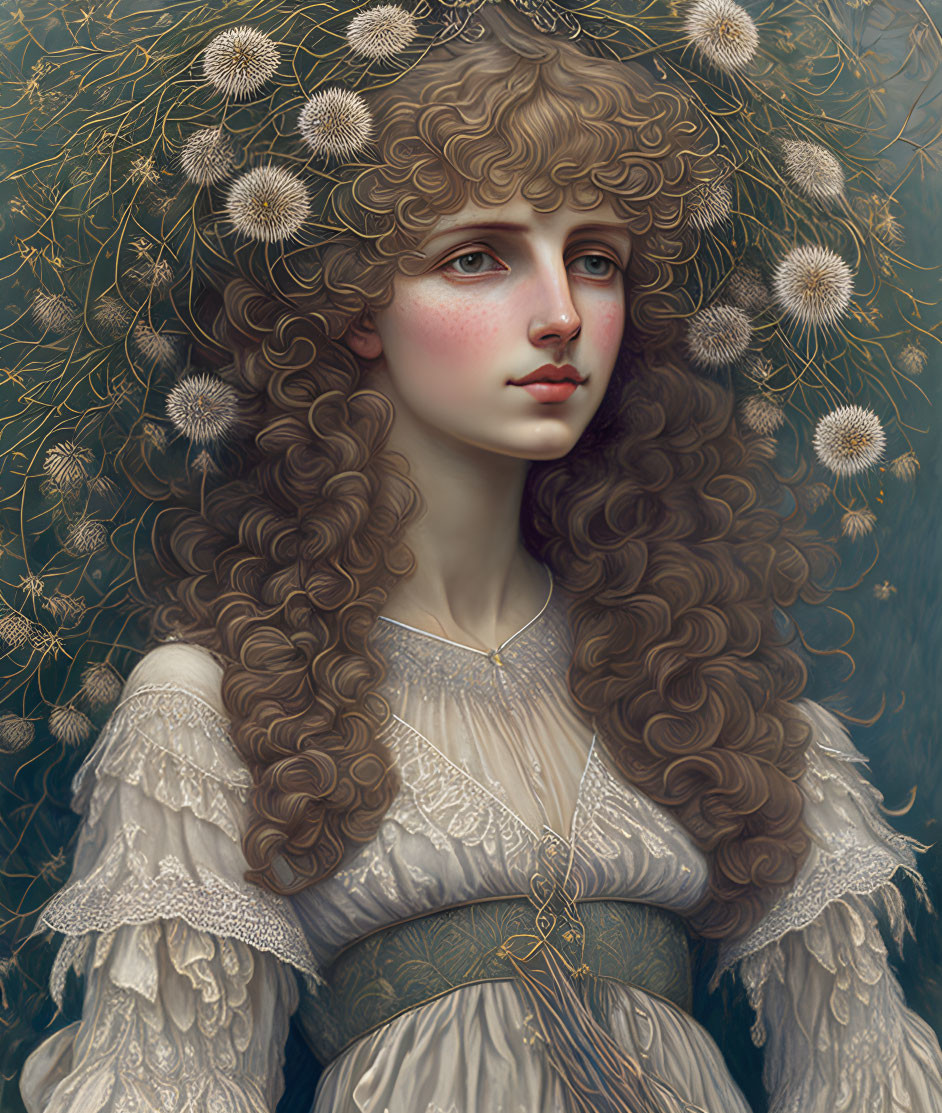 Portrait of Woman with Curly Brown Hair and Dandelion Headdress on Green Background