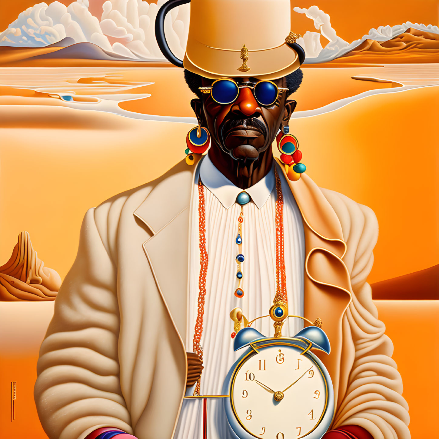 Surrealist portrait of man with steampunk goggles and pocket watch in desert scene