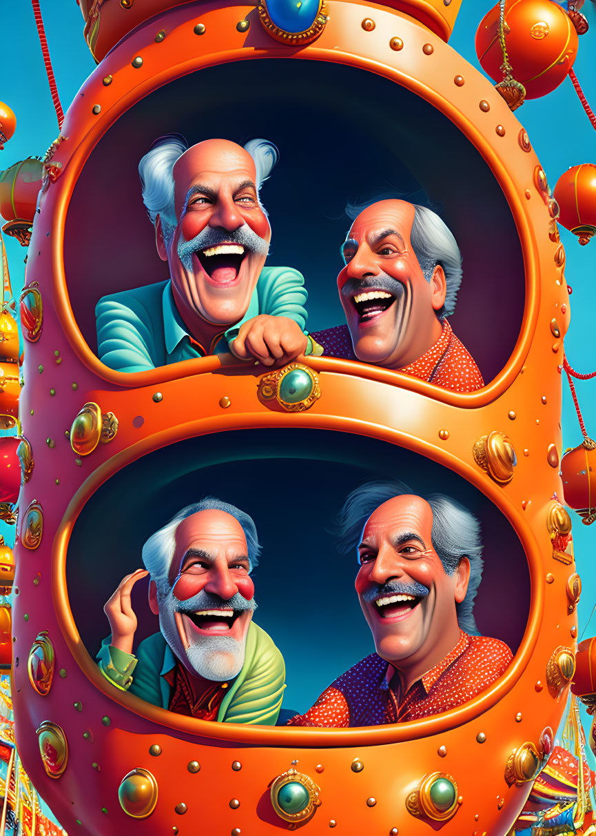 Four identical white-haired men in colorful circus outfits peeking through whimsical portholes