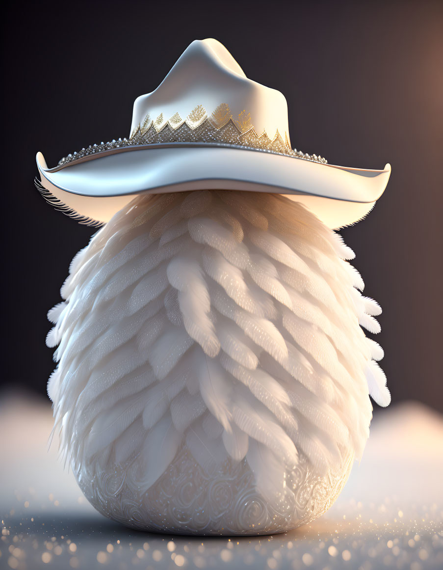 White Fluffy Creature in Cowboy Hat on Dark Background