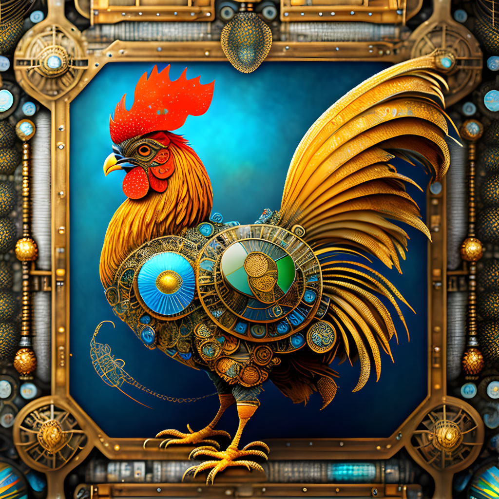 Intricate steampunk mechanical rooster on blue background