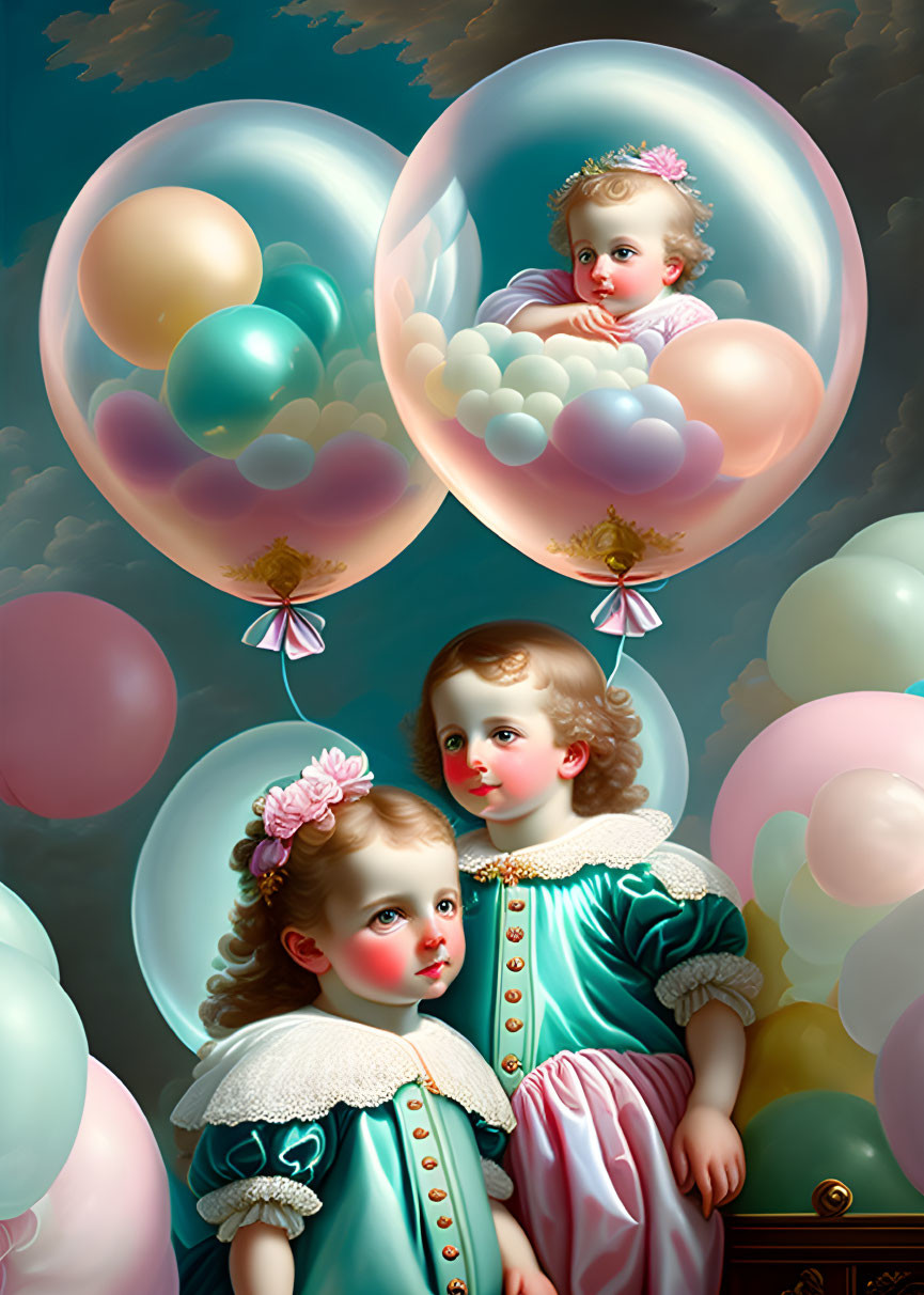 Surreal artwork featuring children in clouds with balloons