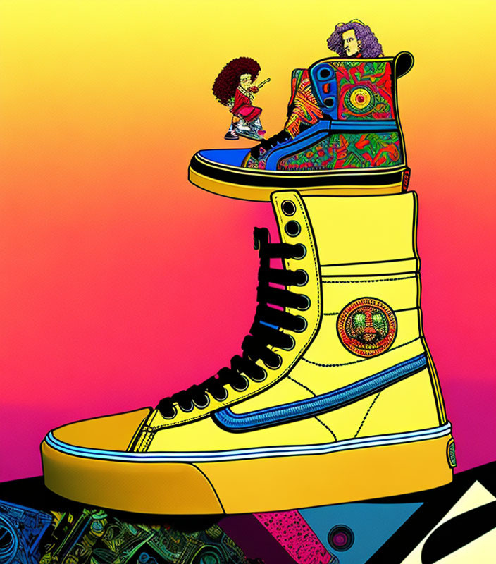 Colorful Illustration of Yellow High-Top Sneaker with Characters on Sunset Background