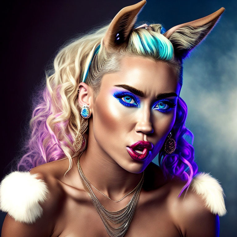 Stylized image of woman with blue eyes, horn-like ears, gradient hair, bold makeup,