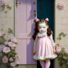 Digital artwork featuring girl in pink dress by whimsical blue door with pink roses and butterflies