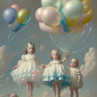 Surreal artwork featuring children in clouds with balloons