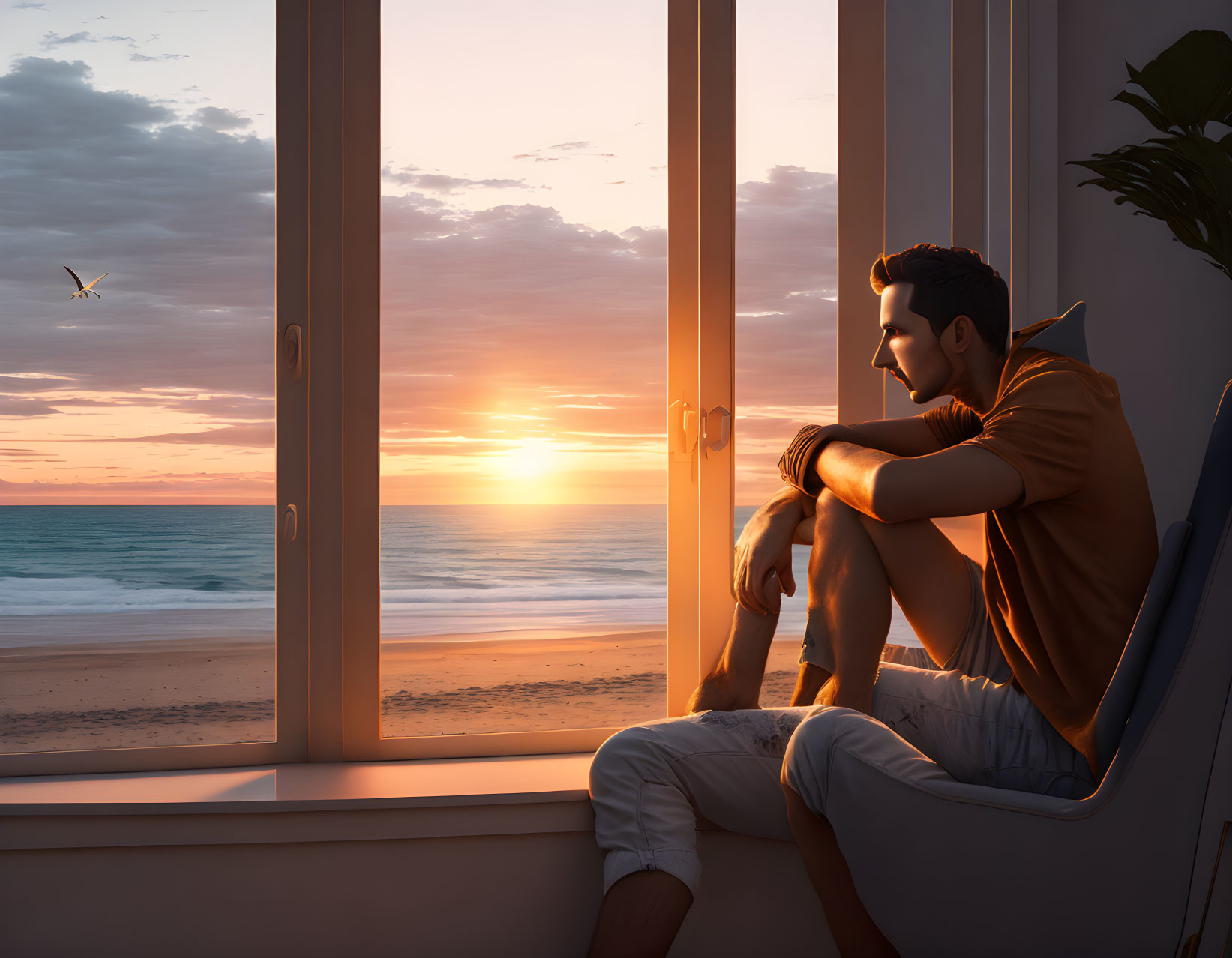 Man admires beach sunset from window with serene lighting.