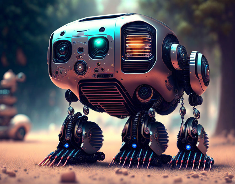 Futuristic robot with optical sensors and mechanical legs in dusty environment