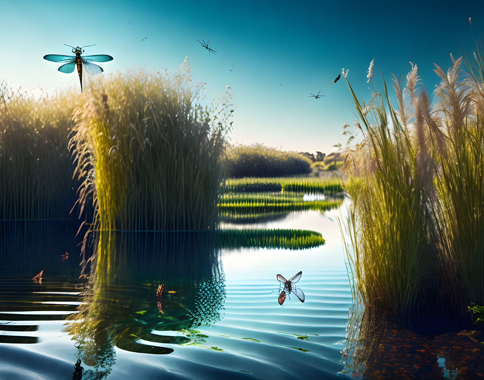 Tranquil wetland scene with hovering dragonflies, lush green reeds, and clear blue sky