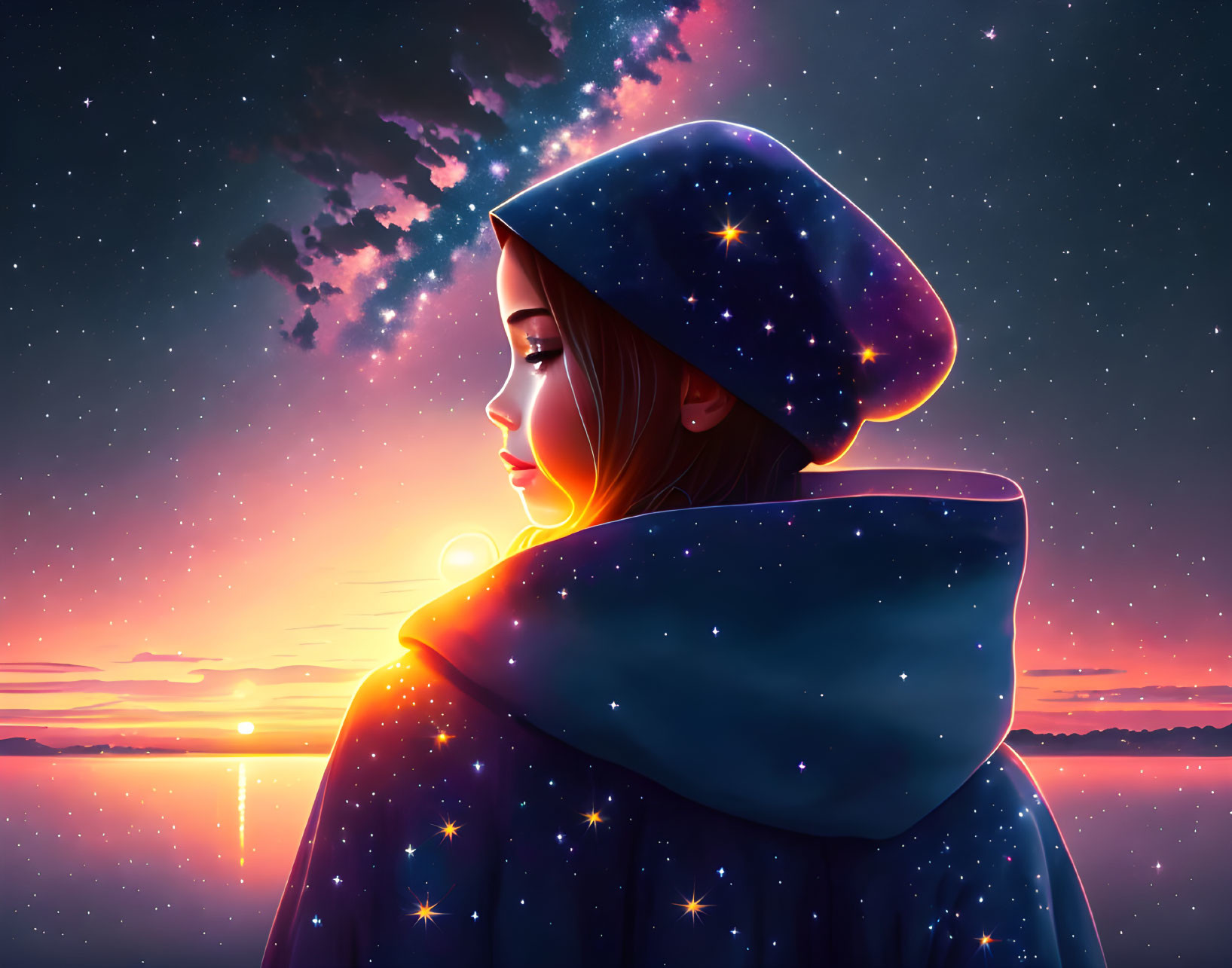 Illustration of woman in starry cape against vibrant sunset sky.