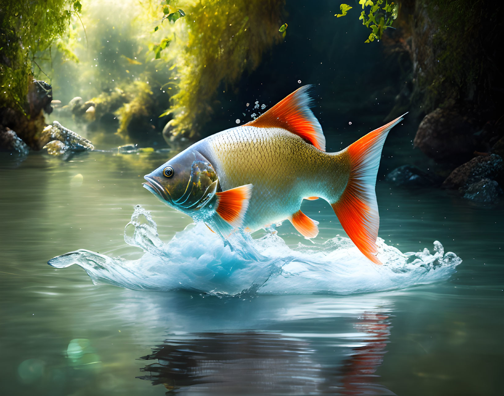 Colorful Fish Jumping in Sunlit River Scene