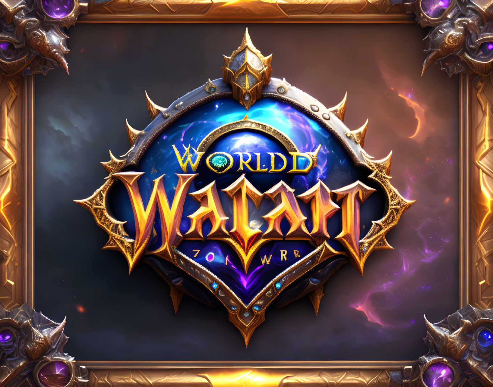 Stylized golden text logo on blue and purple shield background.