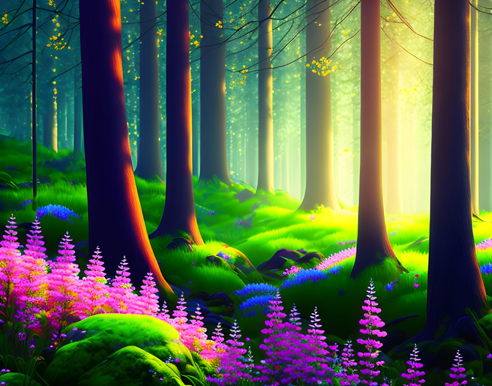 Lush forest with sunbeams, purple flowers, and green foliage