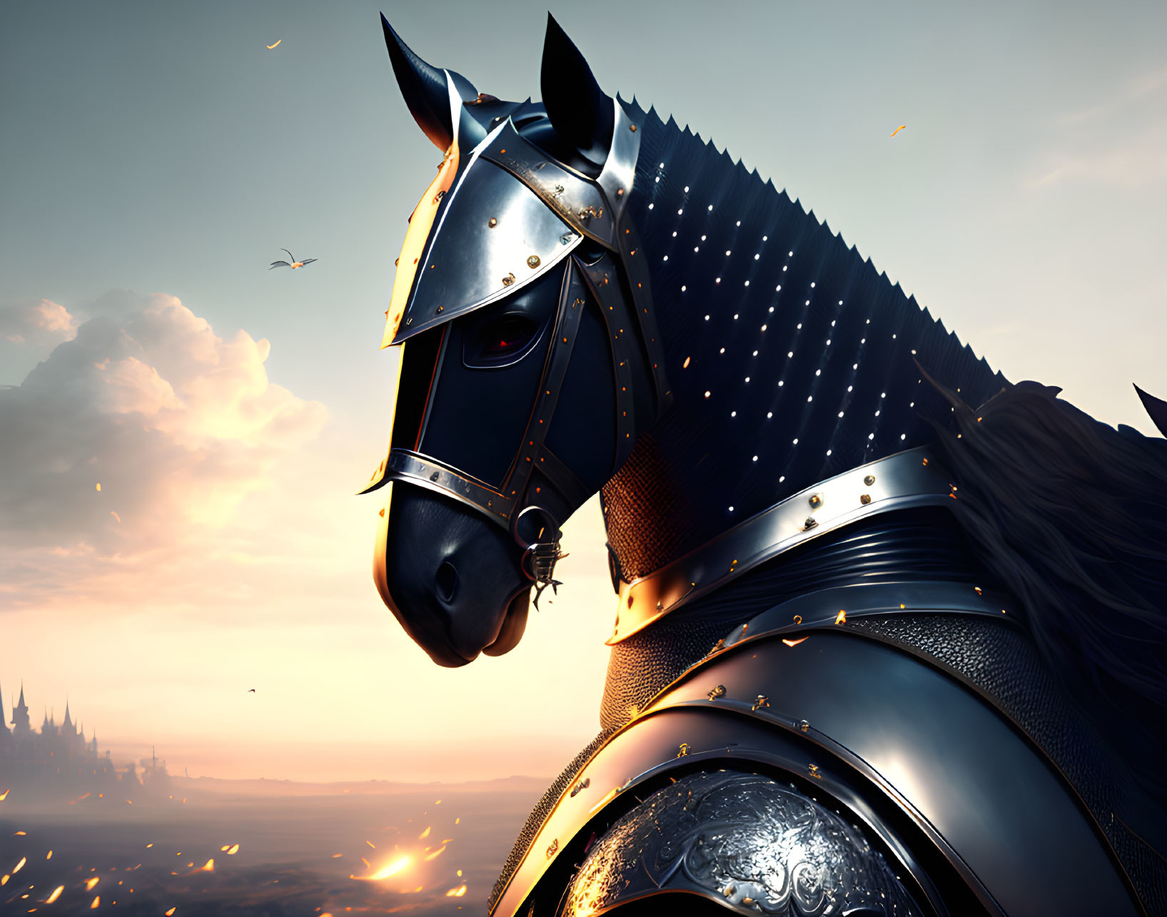 Armored horse with metallic battle armor in fiery sunset scene