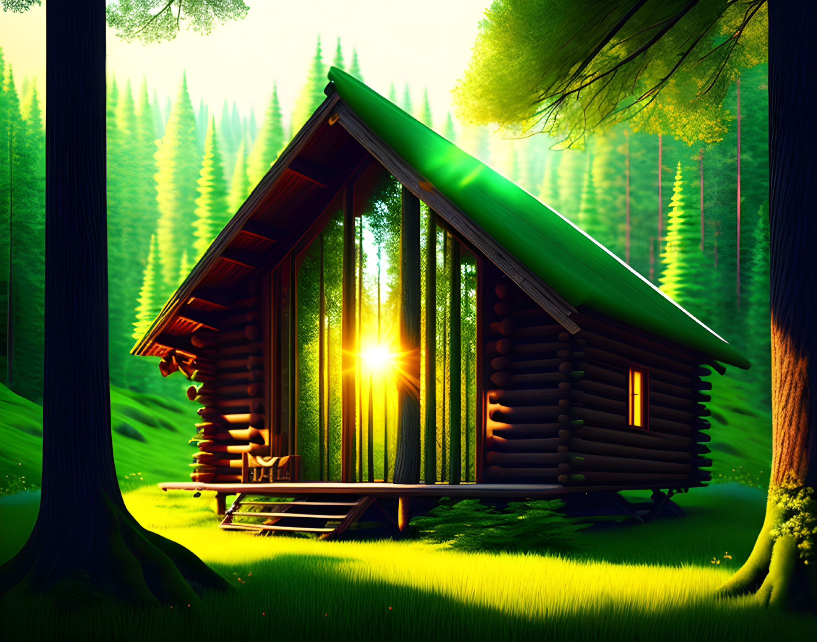 Rustic log cabin in lush forest with sunlight streaming through trees